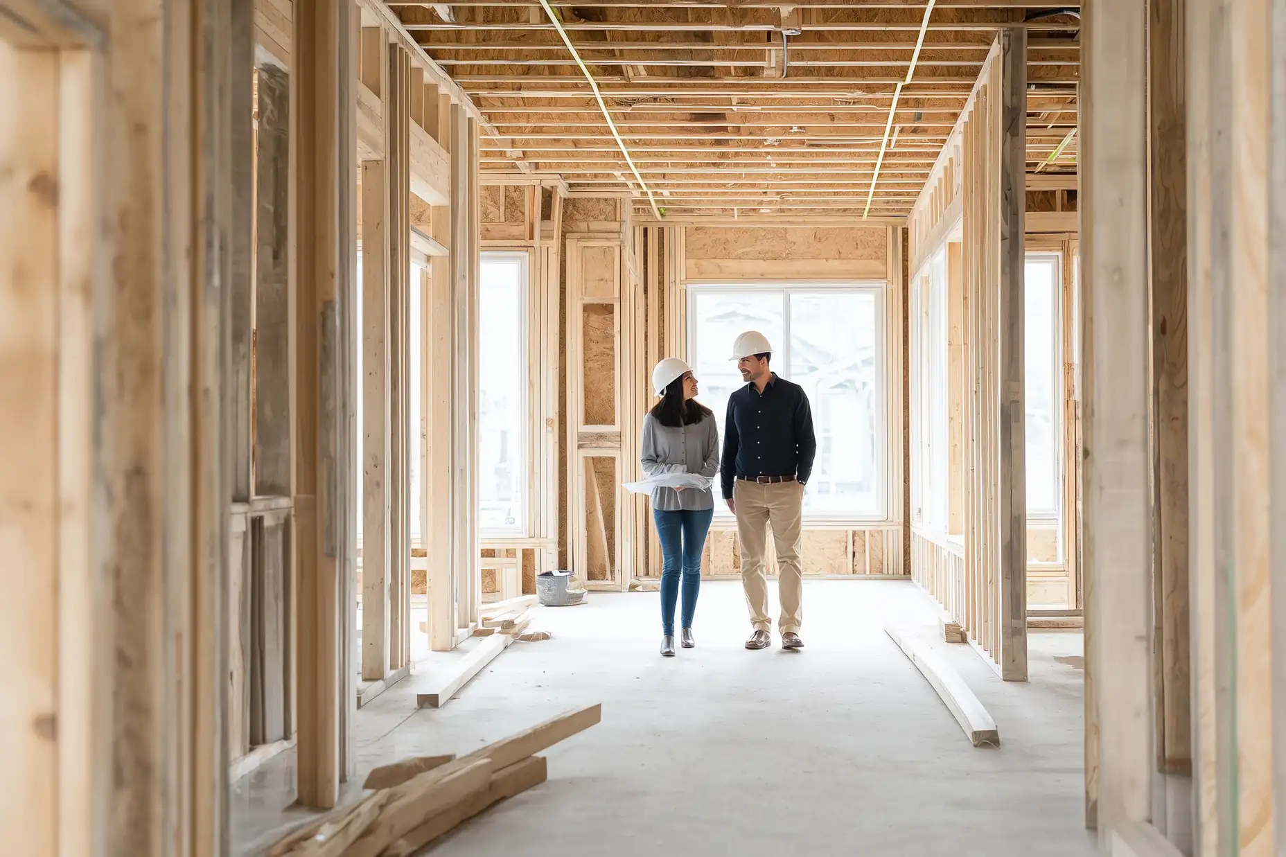 Site lead and homeowner walking through the framed main floor of a new custom home in Toronto