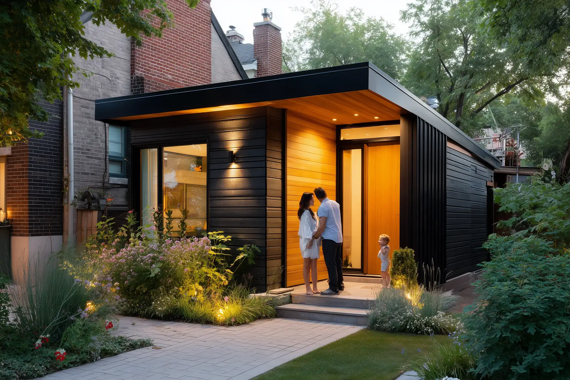 Finished garden suite in the backyard of a Toronto house with its owners at the front door