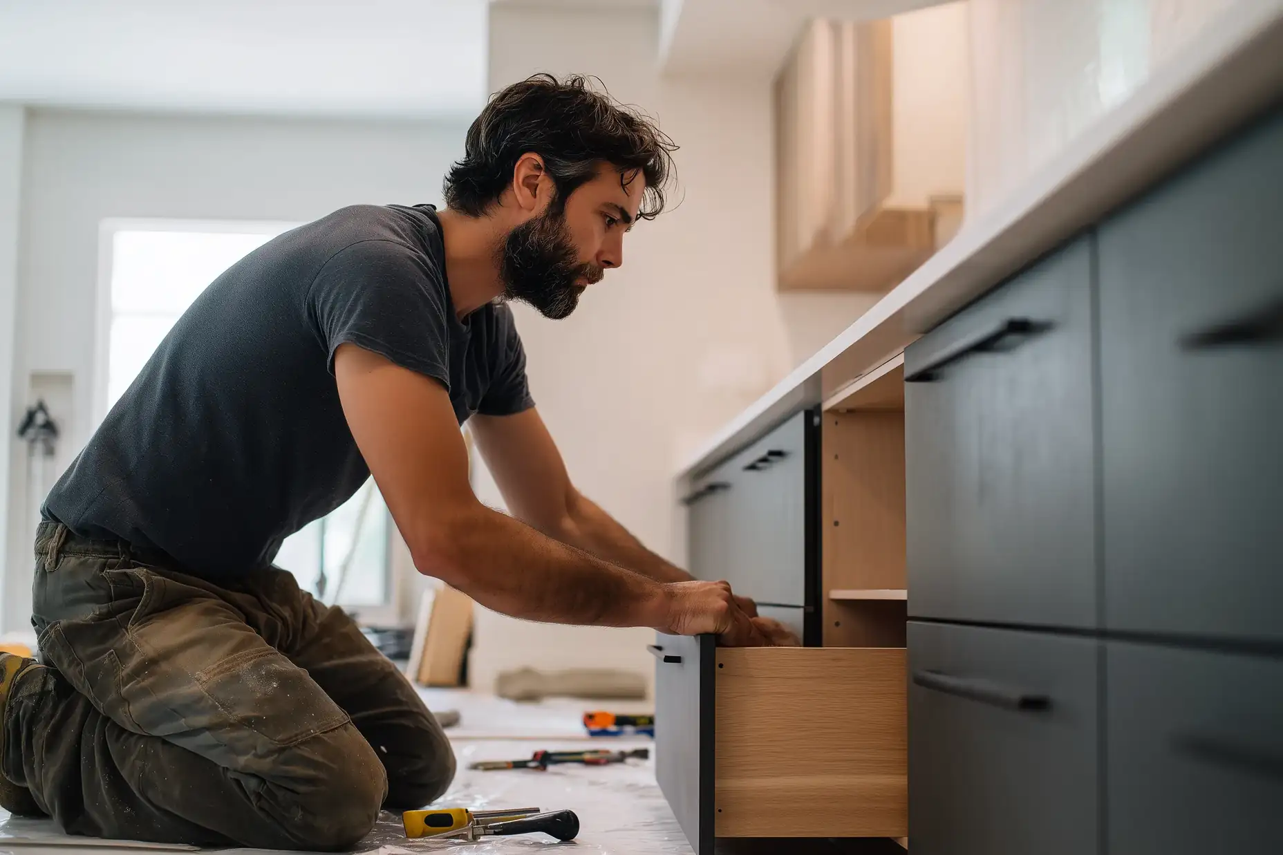 Installer fitting new kitchen cabinets during a kitchen renovation in a Toronto home