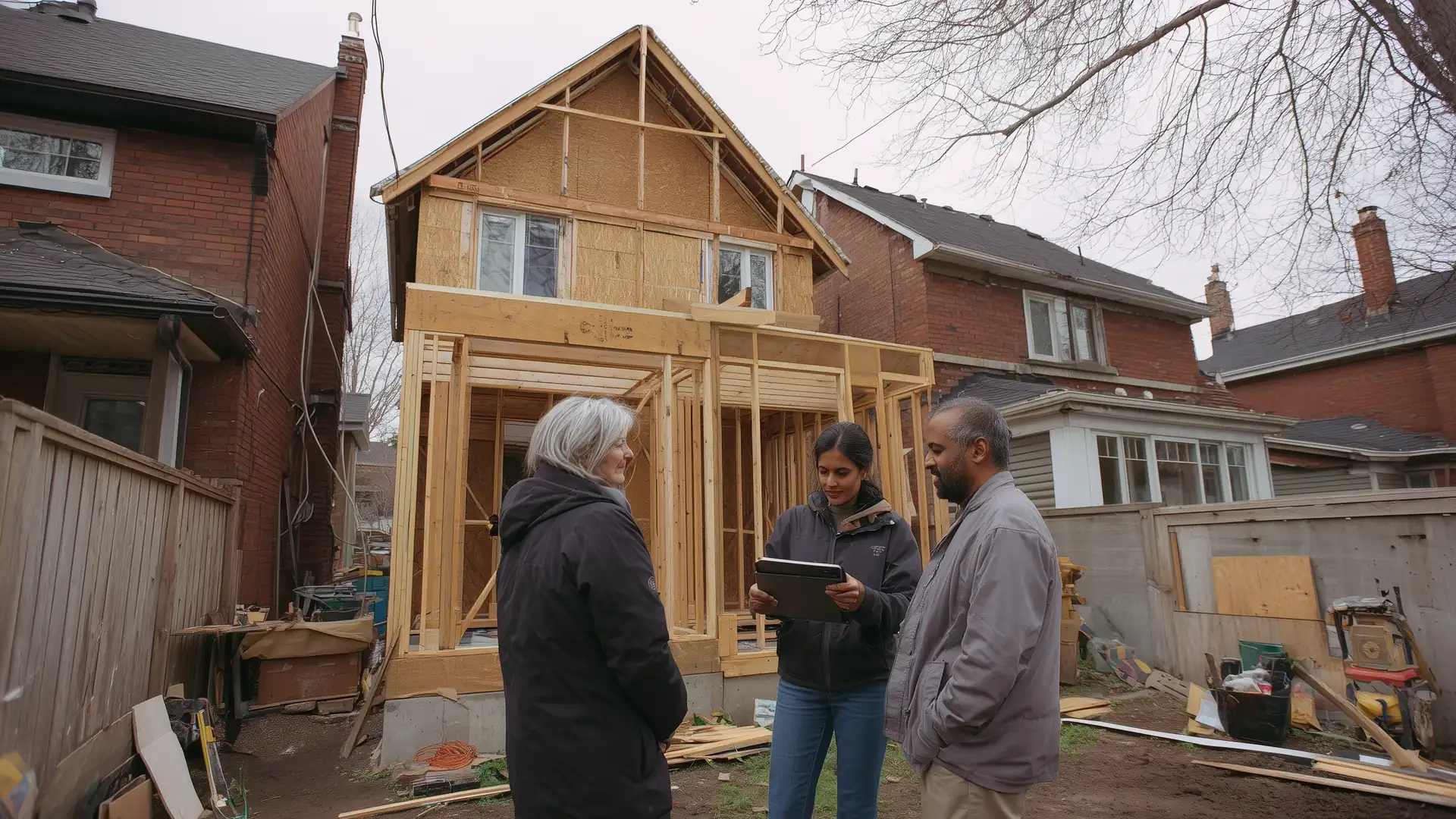 Contractor and homeowners reviewing renovation plans on a tablet beside a Toronto brick house with a rear addition underway